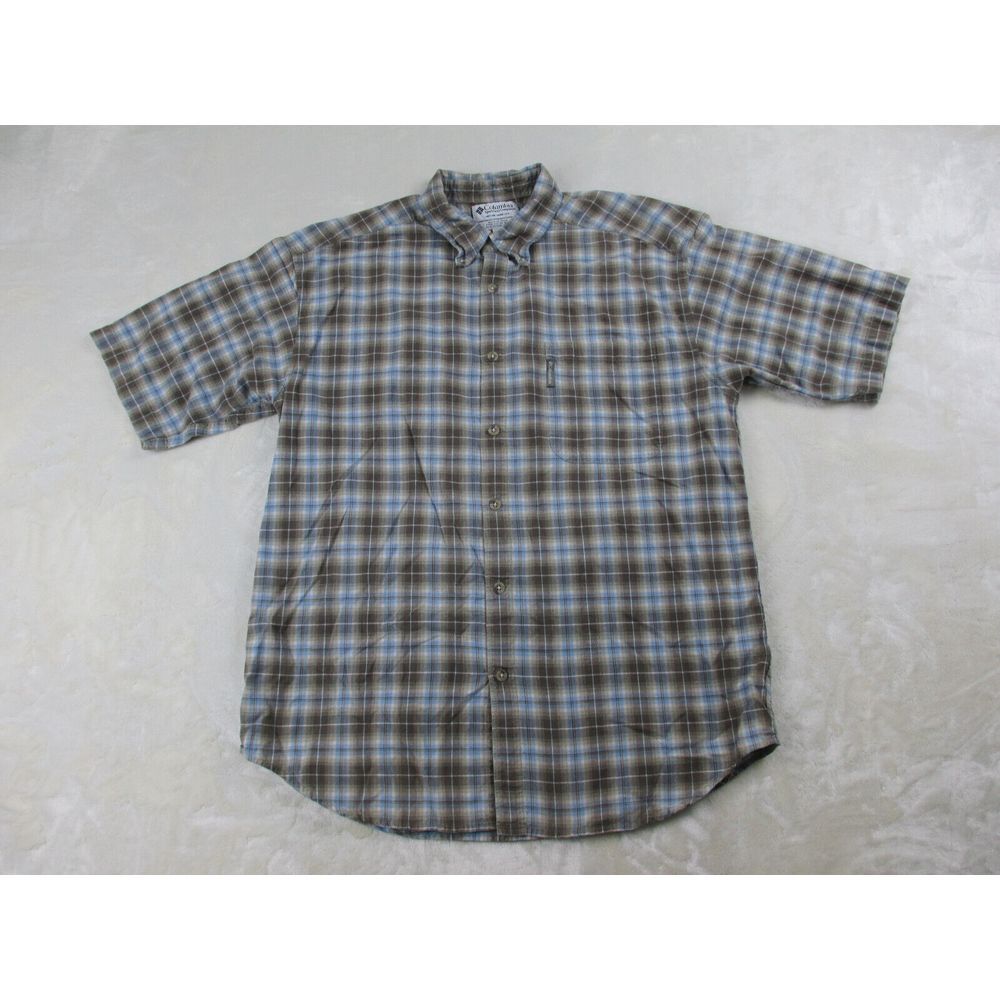 Columbia Shirt Mens Large Brown Blue Plaid Button Up Outdoor‎ Camp Casual